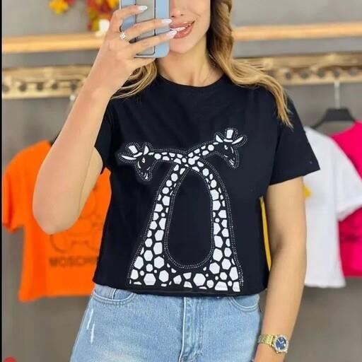 کراپ زنانه مشکی نخ پنبه نگین کاری ،تیشرت زنانه
